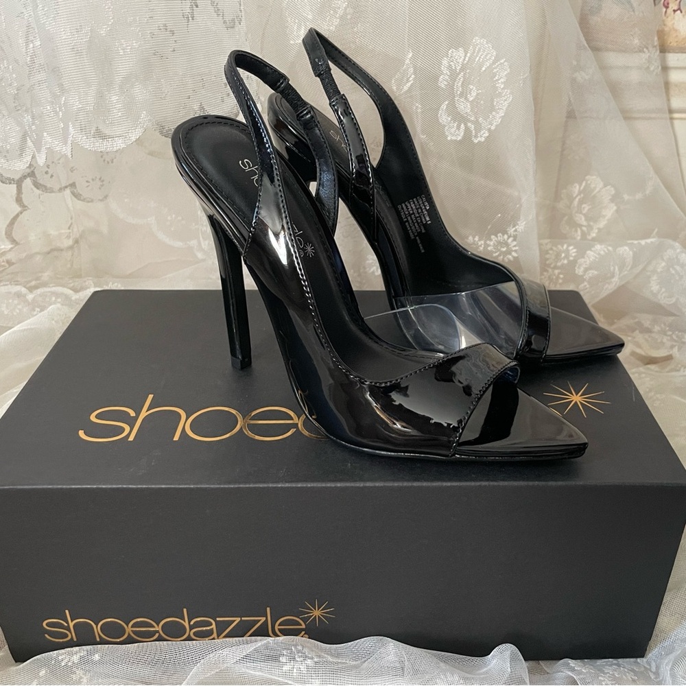 SHOEDAZZLE Black Patent Leather and Clear High Heels